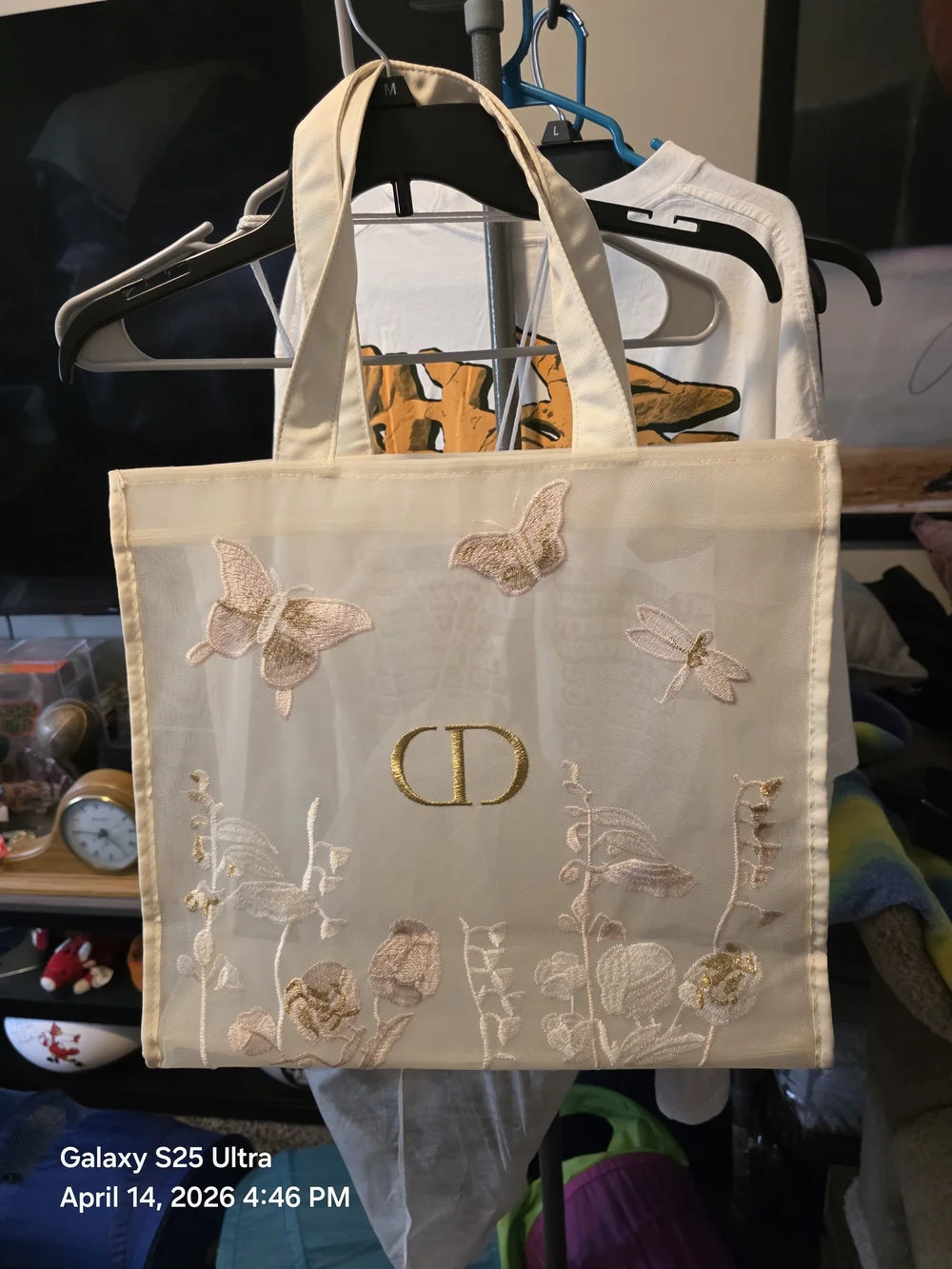 Dior Cream Embroidered Butterfly Tote with Gold CD Logo
